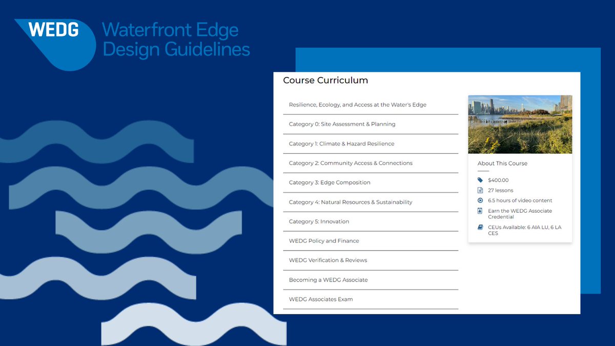 Calling all design professionals, WEDG associates, & anyone who wants to get certified in resilient, ecological, and accessible waterfront design! #WEDG (Waterfront Edge Design Guidelines) V 3.0 course is live. DM us for a #CyberMonday discount code! bit.ly/402A6zi