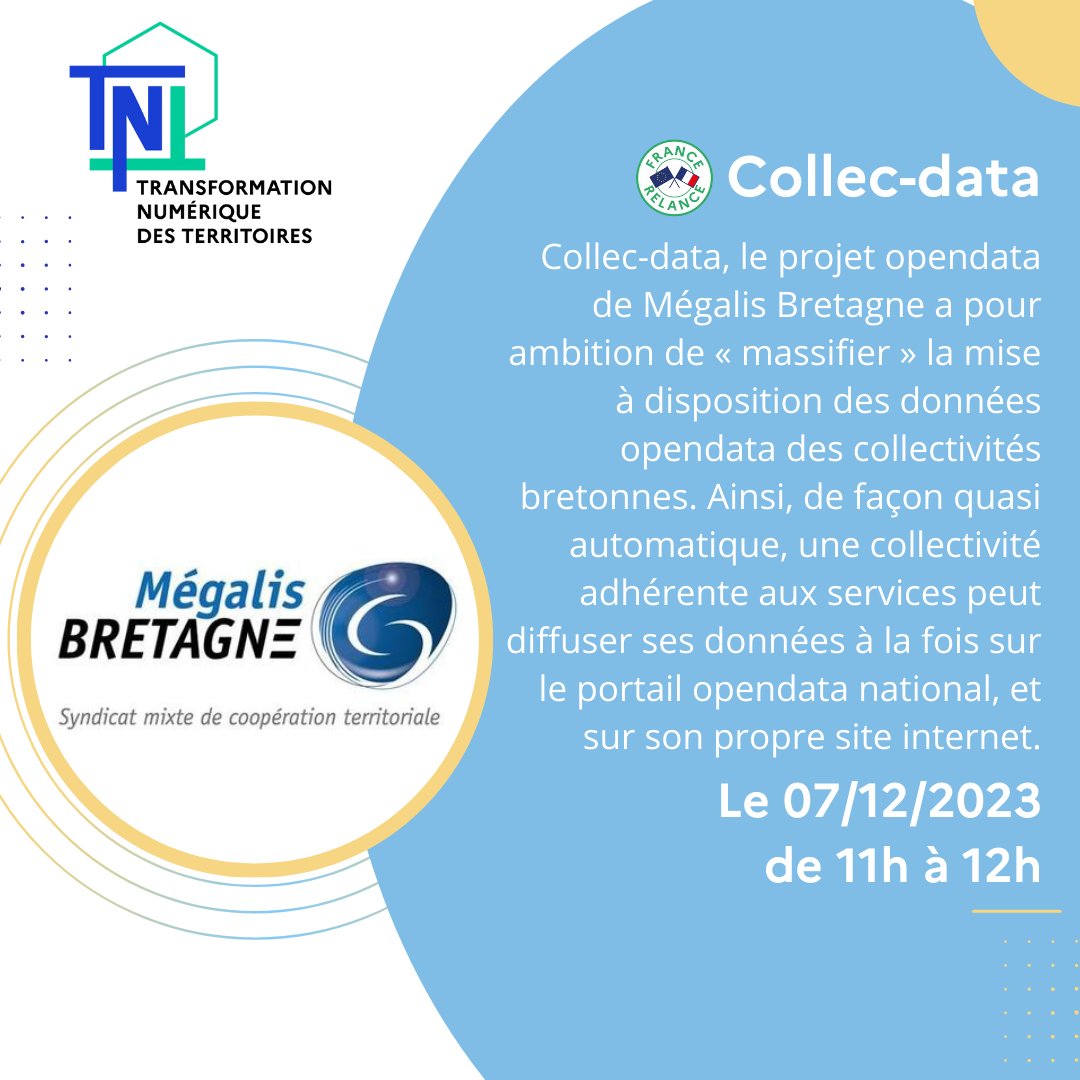 📁 Webinaire 2⃣3⃣ du <a href="/Programme__TNT/">Transformation Numérique des Territoires (TNT)</a> ! Au programme : Collec-data, projet #opendata de <a href="/megalisbretagne/">Mégalis Bretagne</a> visant à automatiser la diffusion de #données territoriales
🗓️ RDV le 7/12 à 11h  
💻 Inscriptions : framaforms.org/webinaire-tnt-…
👋 Avec la commune de Bohal, <a href="/ARNiaBFC/">ARNia BFC</a> et <a href="/sibsante/">SIB</a>