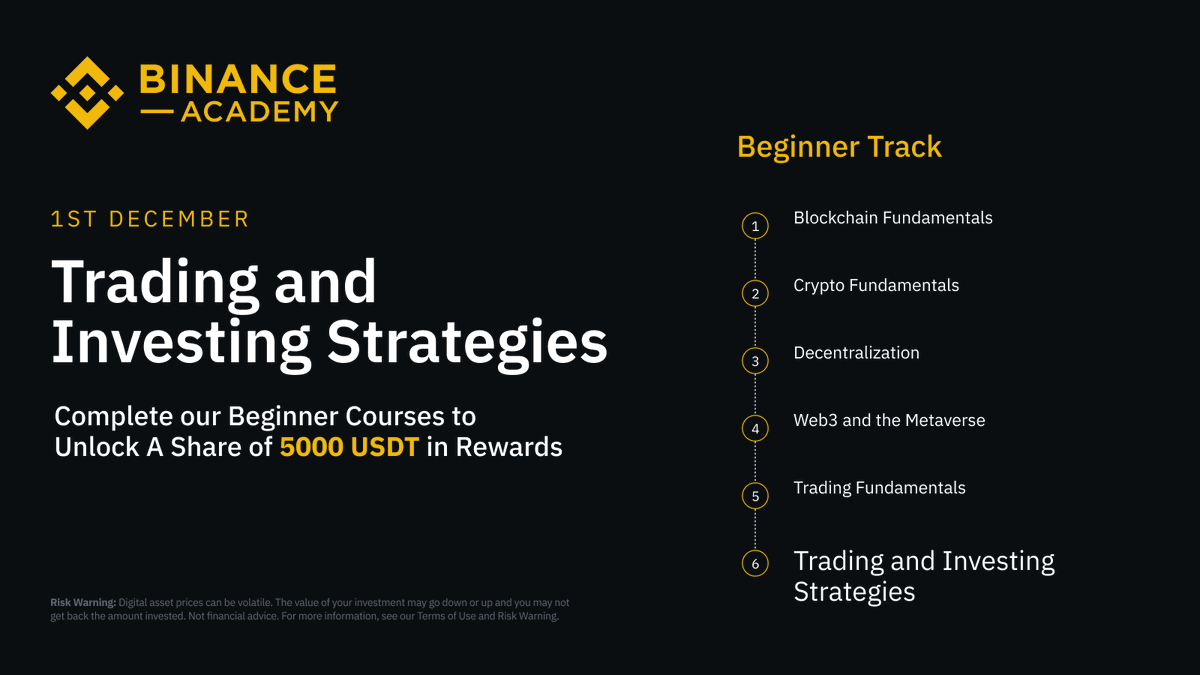 BinanceAcademy's tweet photo. Finish strong with the last course in our Beginner Track before the campaign ends tomorrow!

Day 6: Trading and Investing Strategies ✅

More info👇
https://t.co/sHi45Rl3yj https://t.co/1N7NW1ygxZ