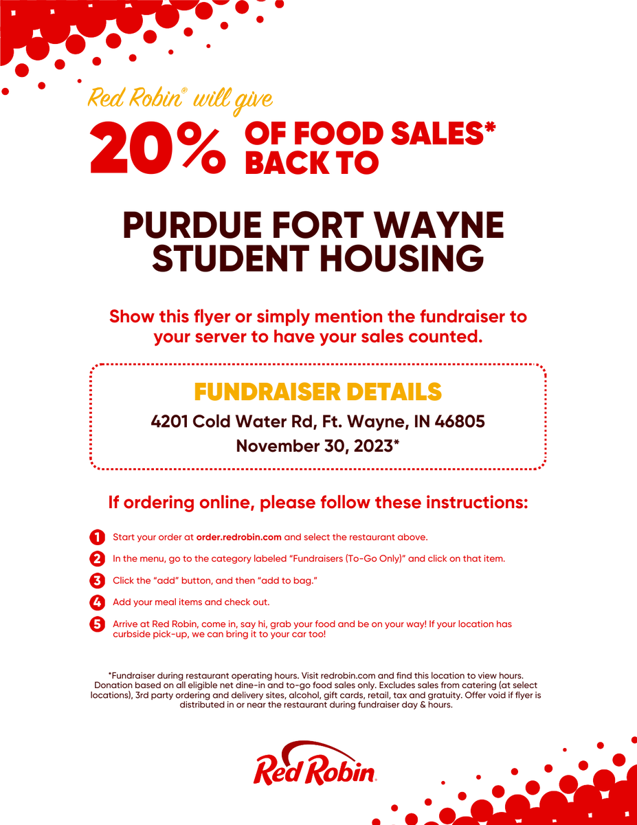 PFWHousing's tweet photo. Join us this Thursday for a delicious cause! Simply show this flyer to your waiter at Red Robin all day to support our mission in building a brighter future for our students and community. Your presence makes a difference! 🍔❤️ https://t.co/L4IAv95Z1K