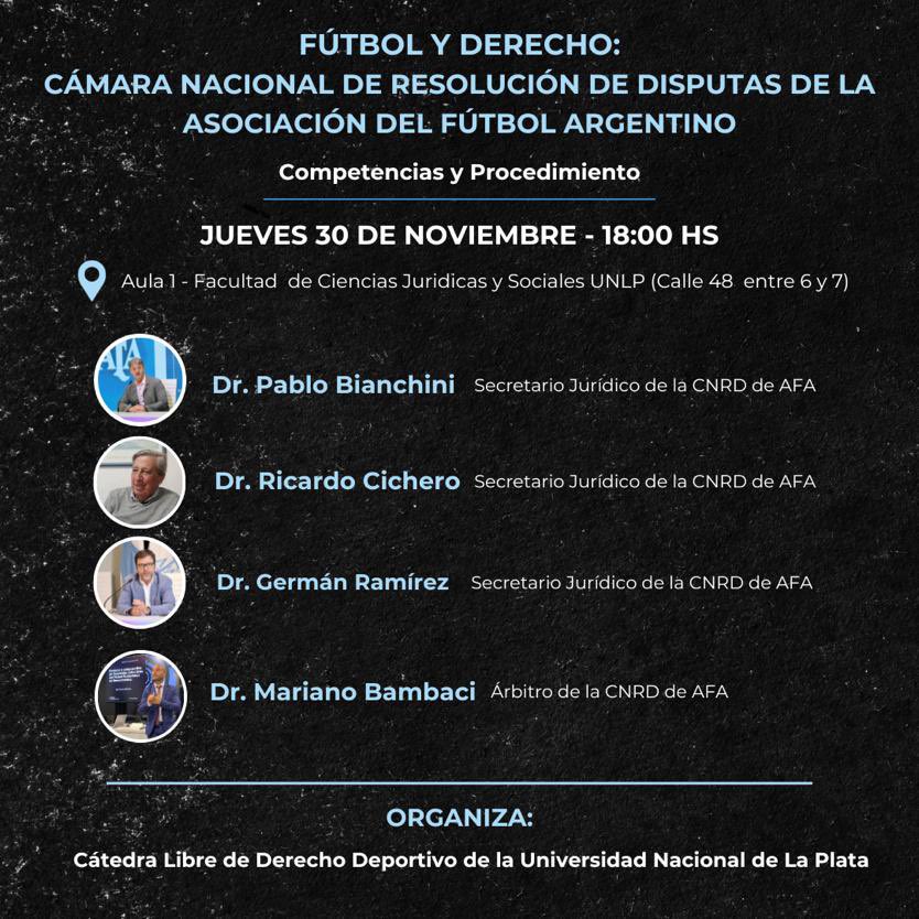 El próximo jueves 30 a las 18 hs recibiremos en la Cátedra Libre de Derecho Deportivo de la <a href="/unlp/">UNLP</a> a los miembros de la Secretaría Jurídica Permanente de la CNRD de la AFA para conversar sobre su procedimiento y competencias.
Inscripciones en catedralibrederechodeportivo@gmail.com
