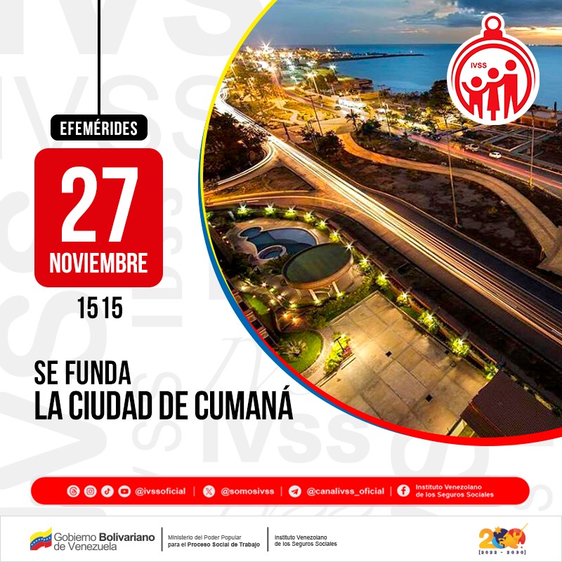 Somosivss's tweet photo. Hoy #27Nov, Cumaná primera ciudad fundada del continente americano capital del estado #Sucre, celebra 508 años desde su fundación el cual ocurrió en 1515, por el evangelizador Fray Pedro de Córdoba.

#SerVenezolanoEsSerEsequibo
@NicolasMaduro https://t.co/Bn9m7sd39q