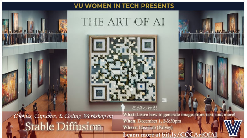 VUWomenInTech's tweet photo. Cookies, Cupcake, and Coding Workshop this Friday, 12/1!
Join us at 2 pm to learn how to create images from text and more.  All are welcome! https://t.co/BlDRix4p8P