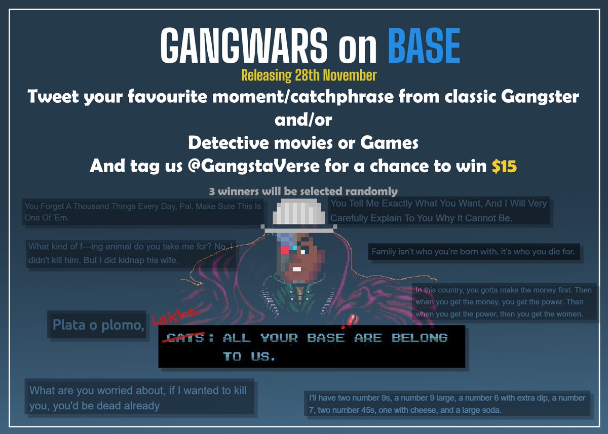 GangstaVerse's tweet photo. As the launch of #GangWarsOnBase approaches π , we invite you to step into the intriguing worlds of gangsters and detectives. π΅οΈ Share your most cherished moments or memorable catchphrases from classic gangster or detective movies and games.
To add to the excitement, we're giving away $15 bnUSD to 3 randomly selected submissions. π€π€
Join us in anticipation of BASE GangWars and showcase your passion for the underworld or investigative thrill!