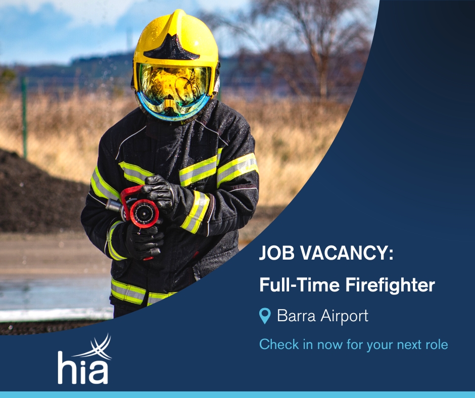 We have an opportunity to join us as a full time Firefighter in our Barra Airport Fire Service. Check out our Careers webpage: hial.co.uk/apply. Closing date for applications is 10 December 2023.