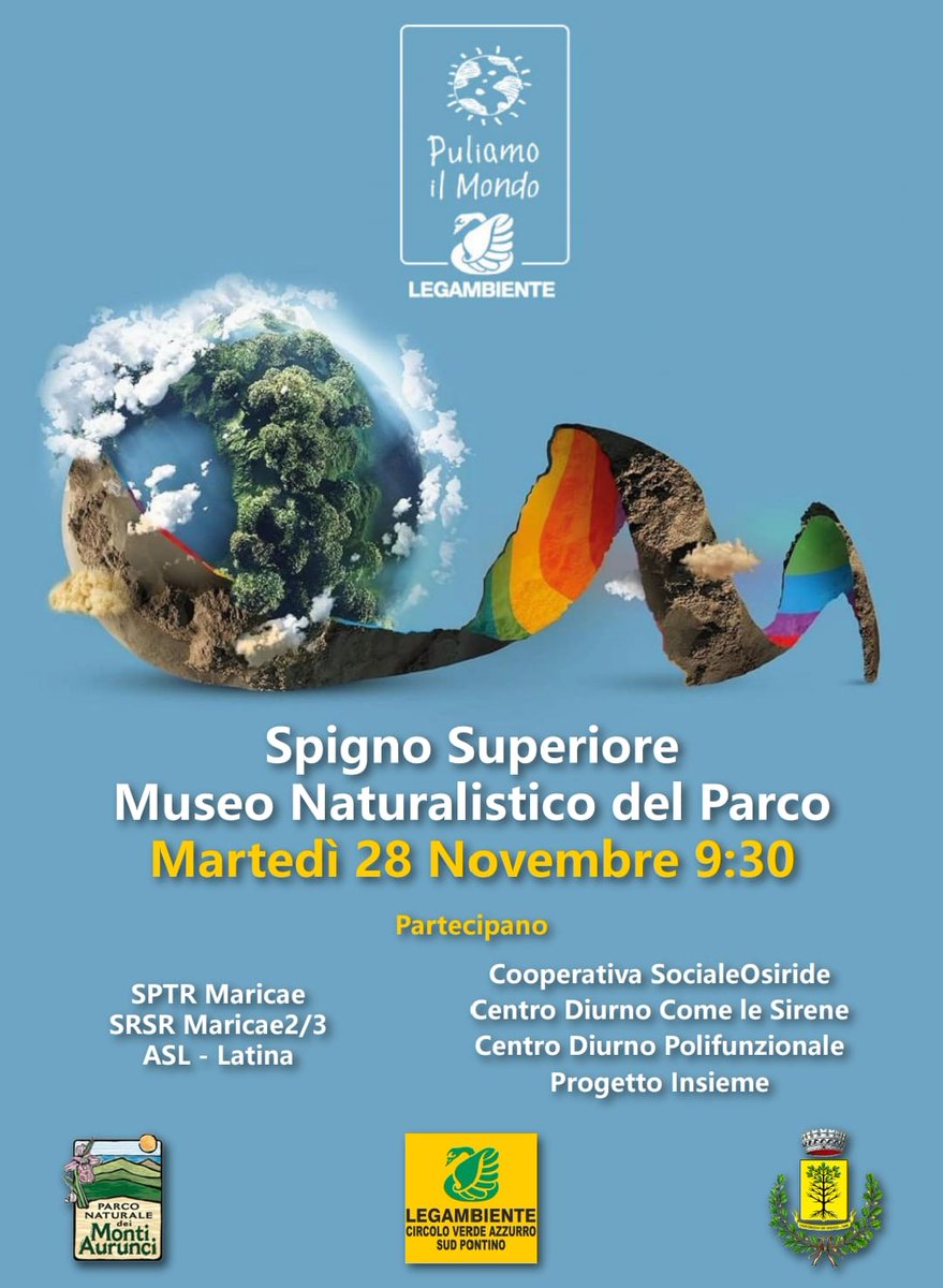 🌍 Domani a Spigno Saturnia ci uniremo per l'evento #PuliamoilMondo💪 Organizzato insieme a  <a href="/Legambiente/">Legambiente</a> circolo verde azzurro sud pontino e il Comune con il supporto dei ragazzi della comunità ASL LT 1 e del Centro Diurno Osiride