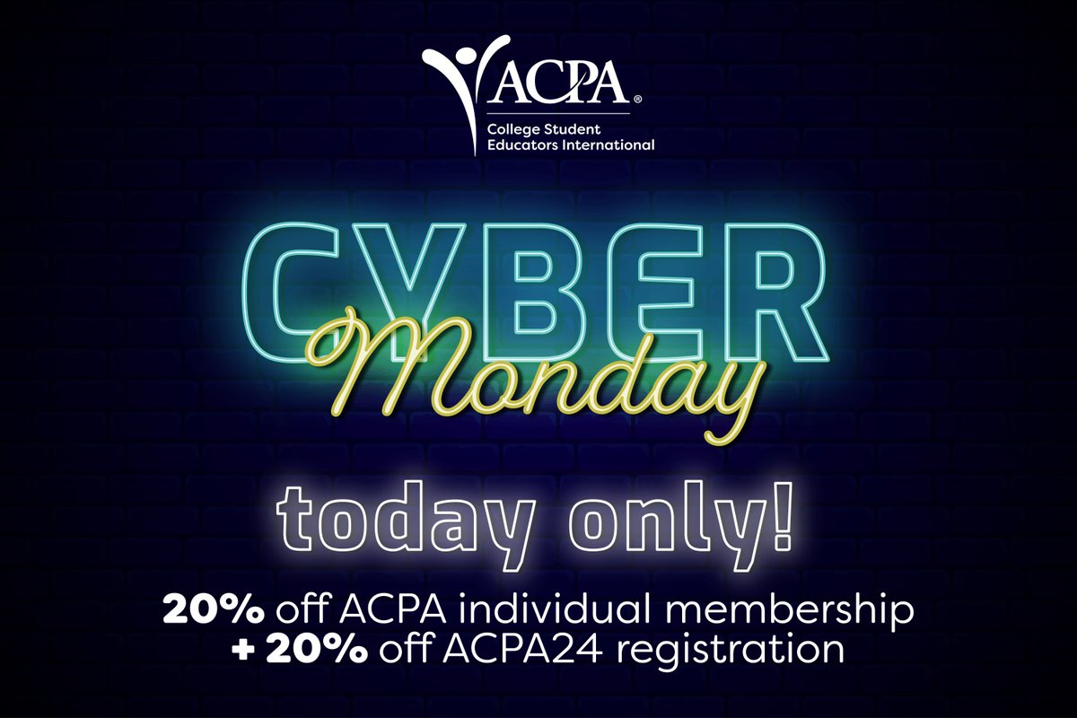 2 DISCOUNTS, 1 DAY ONLY! Save through 11:59pm ET!

1. Take 20% off ACPA individual membership types: RENEWING MEMBERS use code RenewCyber23 / BRAND NEW MEMBERS use  code NewCyber23

2. Take 20% off #ACPA24 individual registration: Use code Cyber2023 on all registration types!