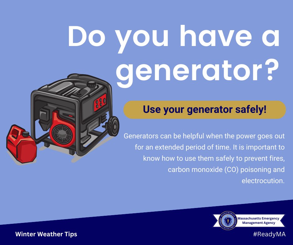 Is a generator on your wish list this holiday season?

Generators can be helpful when the power goes out for an extended period of time, but it’s important to know how to use them safely. <a href="/MassDFS/">Massachusetts Department of Fire Services</a> offers tips on purchasing &amp; preparing to use a generator: bit.ly/2H1nTBn