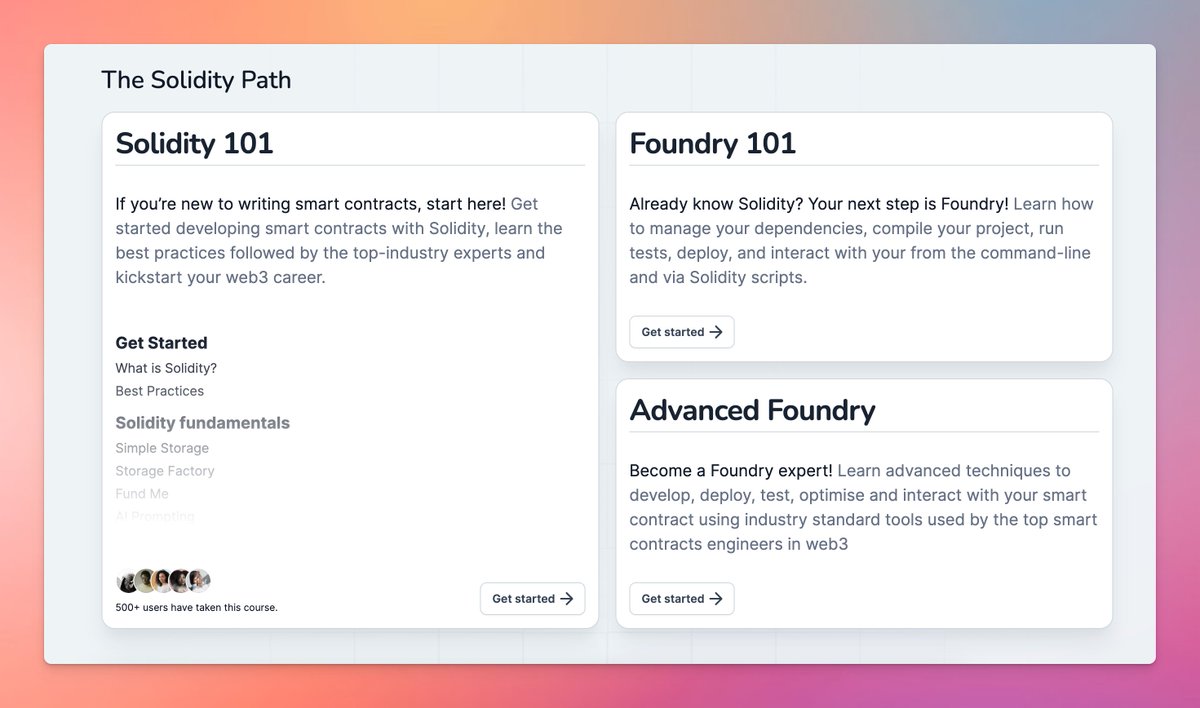 CyfrinUpdraft's tweet photo. Courses that will be available on Cyfrin Updraft at launch date:

- Blockchain Basics
- Solidity Basics
- Foundry Basics
- Advanced Foundry
- Security &amp; Auditing

Completely for free. https://t.co/uTRzJyfke2