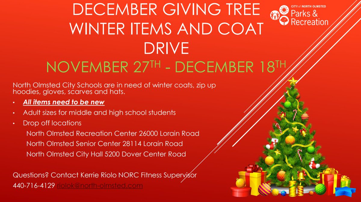 The City of North Olmsted is helping to collect coats and winter items that will be distributed to our students. Items must be brand new and can be dropped off at the locations listed below now through December 18th.