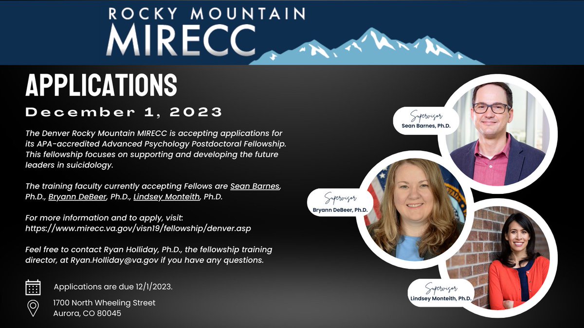 Looking for a #postdoc position?   

Apply today for an APA-accredited Advanced #Psychology fellowship at the Denver Rocky Mountain MIRECC, training tomorrow's leaders in suicidology  

Applications due 12/1/23  

Find out more here mirecc.va.gov/visn19/fellows…