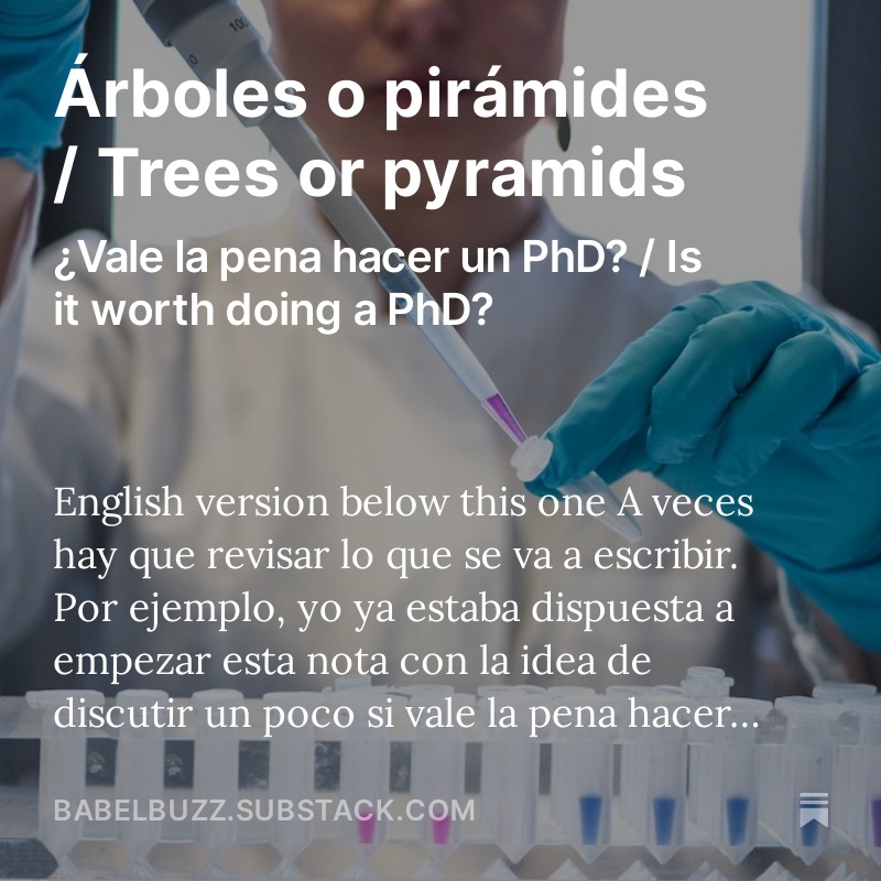 uadlup's tweet photo. Propongo analizar el valor de hacer un PhD en estos contextos pensando que es un árbol y no una pirámide. Y posiblemente enoje a muchos :-)
Nuevo post en mi #Substack 👉 "Árboles o pirámides / Trees or pyramids"
https://t.co/wJxq6a1meN
#BabelBuzz https://t.co/Fhcbm00Urf