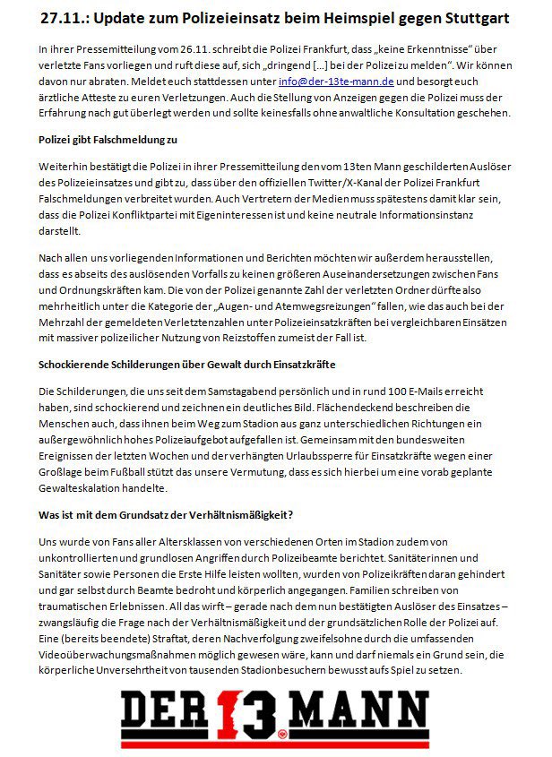 Unser Update zu #SGEVfB und den Verlautbarungen der Polizei Frankfurt.