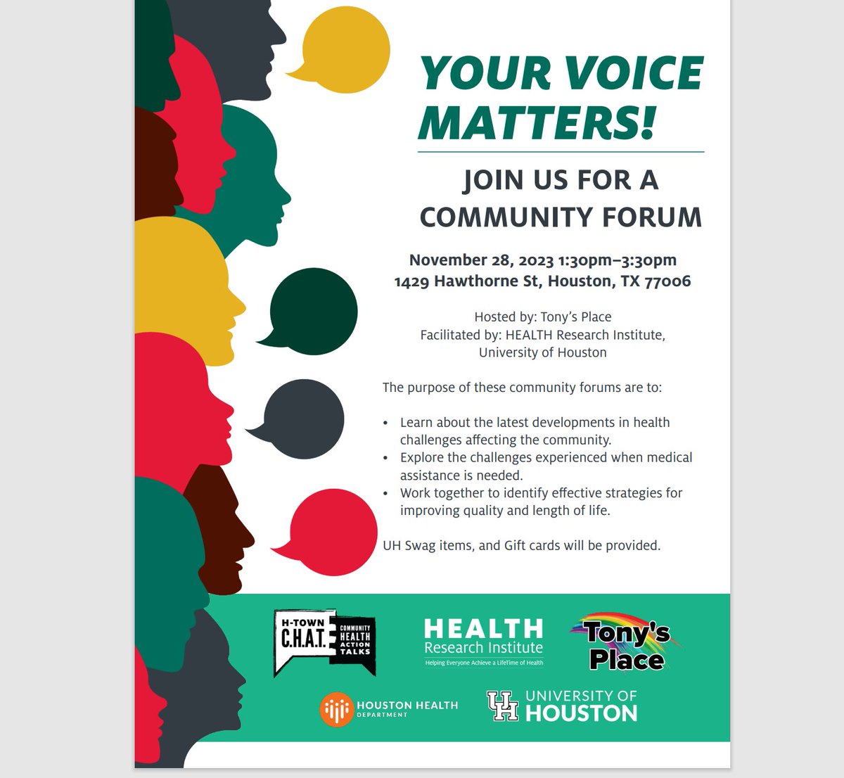 HTownCHAT's tweet photo. Join H-Town CHAT tomorrow for our upcoming forum with Tony's Place to discuss COVID, other chronic diseases that are impacting the Greater Houston community, and ways these health challenges can be addressed.  #healthequity #forums https://t.co/s7KFf7mUb2