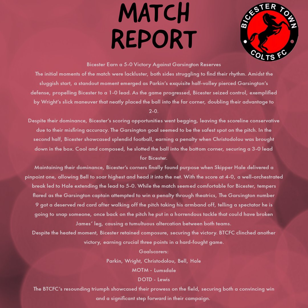 Official_BTCFC's tweet photo. MATCH REPORT
Garsington Reserves 0 - 5 Bicester
UTB π΄β«π΄β«
@OxonSeniorL @OxfordshireFA @OxOnFootball #OSLDIV1 #football #grassrootsfootball https://t.co/g55rXDGVpi