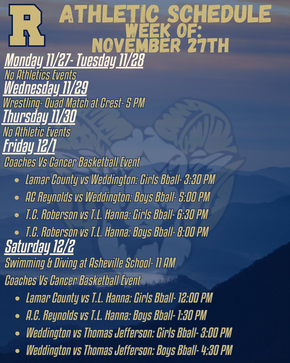 AthleticsTcr's tweet photo. Athletic Schedule for the week of Nov. 27th! 
This Friday and Saturday we are excited to host the Coaches vs Cancer Basketball Event! Be sure to stop by and support this worthy cause! 
#GoRam #WeAreRoberson #TheRobersonWay https://t.co/9uaFpZQfr6
