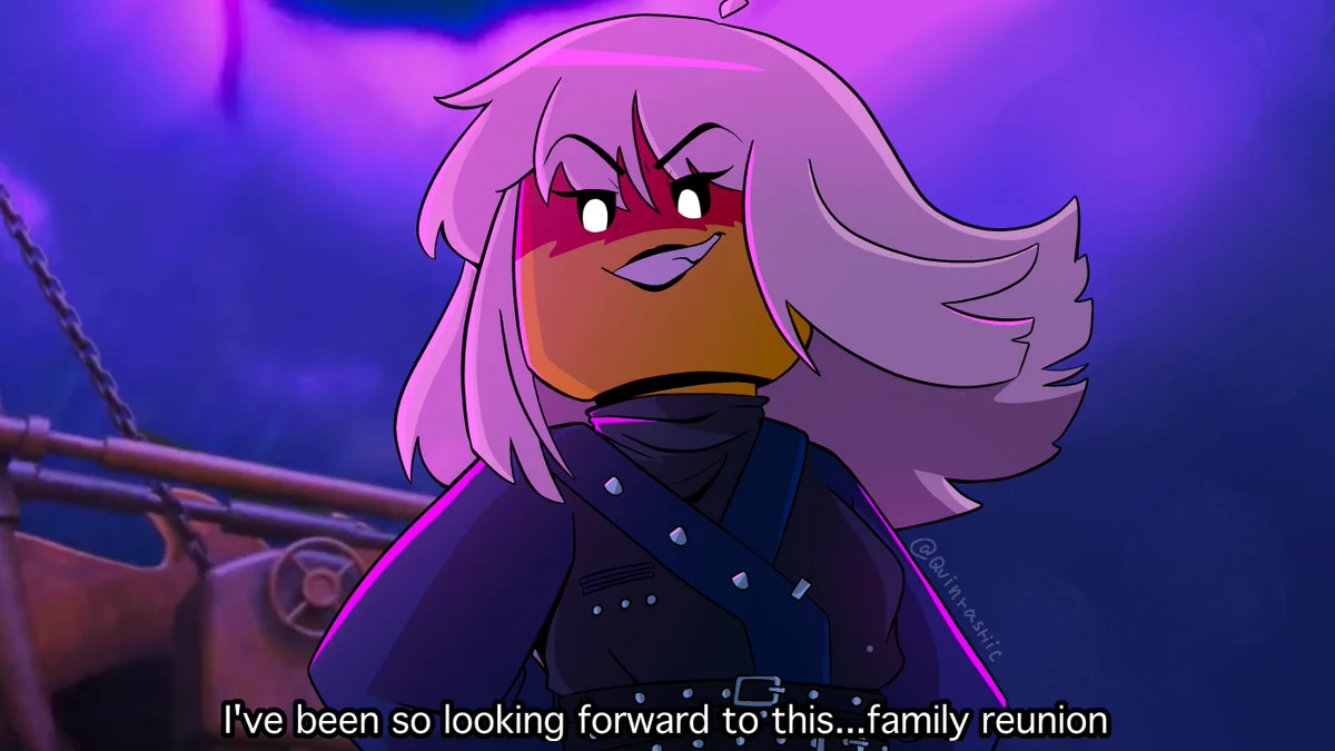 A scene from LMK of Lady bone demon that got redrawn to a scene in lego ninjago from episode 82 "DREAD ON ARRIVAL" with Harumi and a subtitle that says "I've been so looking forward to this...family reunion" to add more suspense and make it resemble an actual episode