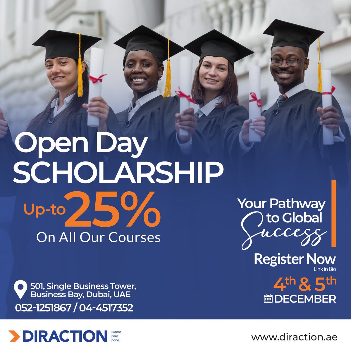 diractionae's tweet photo. Embark on a learning journey with Diraction! 
Avail up to 25% scholarship in Level 3 and 4 programs at our vibrant Business Bay location in Dubai. 

🗓️Save the date for Dec 4-5, 2023, and secure your spot now! 
📍Single Business Tower, Business Bay, Dubai.#DiractionOpenDay #dubai https://t.co/OwPJGZTeCt