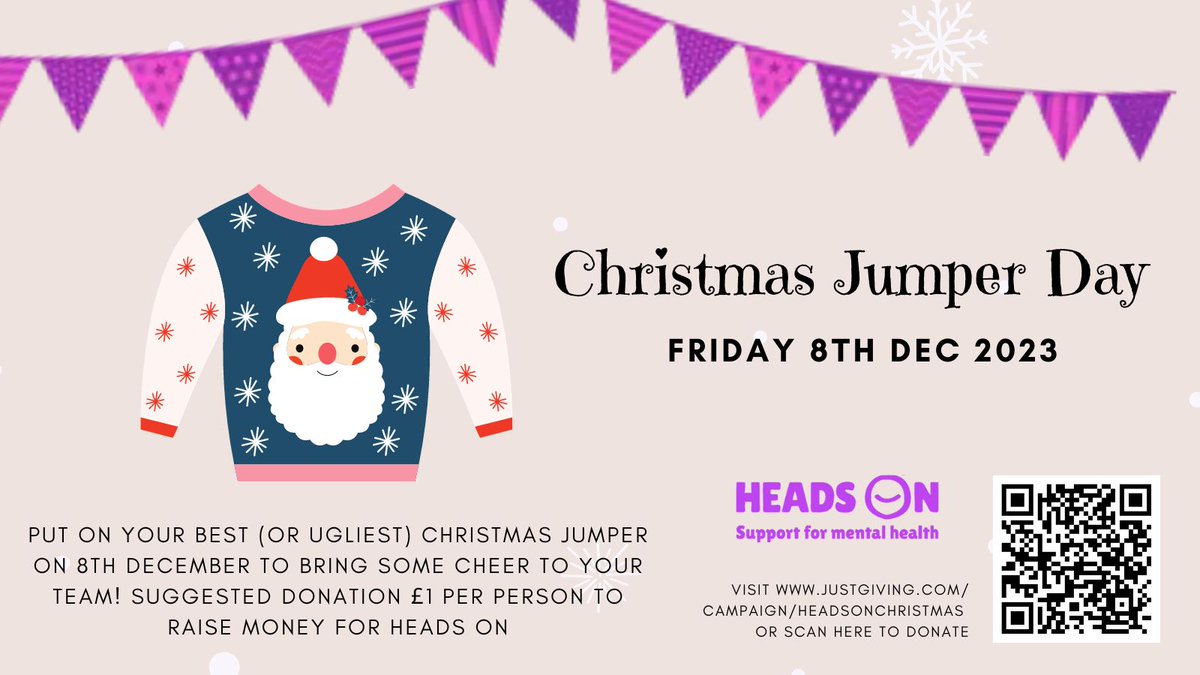 Don your festive wear on the 8th December and bring some cheer to your workplace whilst raising money for charity! Celebrate with your team by donating a suggested £1 each to help support those living with mental health problems. To donate, visit justgiving.com/campaign/heads…