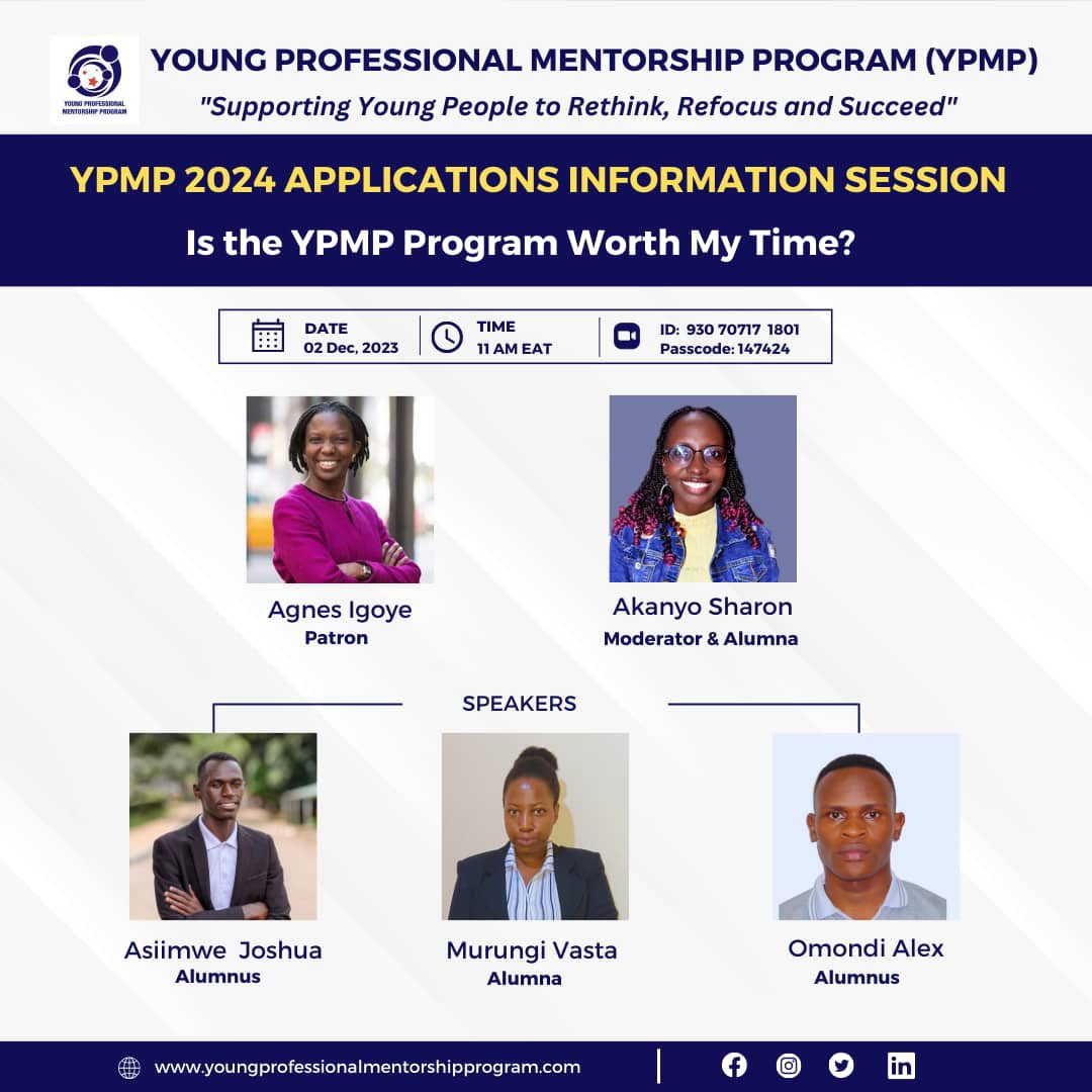 Hello there, the YPMP Information Session for 2024 applications is on 2nd December, 11 AM EAT, 8 AM UTC. Join us via Zoom and learn about YPMP using this link - zoom.us/j/93070171801?…

Meeting ID: 930 7017 1801
Passcode: 147424

#YPMP2024 #Apply4YPMP