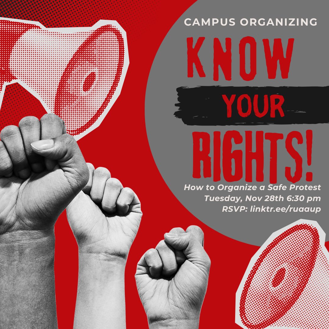 ruaaup's tweet photo. 📣TOMORROW📣
How to Organize a Safe Protest on Campus!
Open to members, students, &amp; the Rutgers community. We'll cover: rights &amp; best practices, digital safety, &amp; a safety marshal training.
RSVP: TODAY @ https://t.co/Yr7AFLfgV8
#SafeProtest #KnowYourRights https://t.co/IiTRFA4Wt4