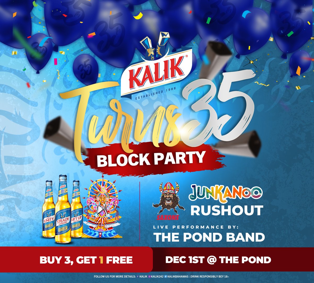 KALIK turns 35 🥳

Join us this Friday at The Pond for a live performance by The Pond Band and a Shell Saxons Superstars rush-out

- and

December 15th at Smuggler's Square featuring D-Mac, The Rhythm Band, The Valley Boys and One Family  🔥🔥

Proud to be 35 🎂
