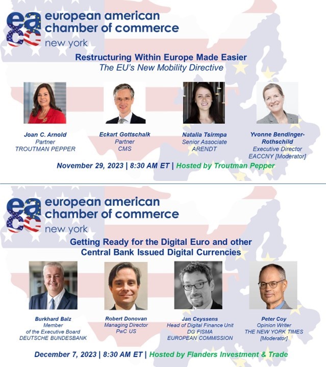 JOIN US! Nov 29 | '#Restructuring Within 🇪🇺 Made Easier' RSVP: eaccny.com/events/?event_… Dec 7 | 'Getting Ready for the #DigitalEuro & other #CBDC' RSVP: eaccny.com/events/?event_… @troutmanpepper @CMS_Law_Tax @ArendtMedernach @EUintheUS @bundesbank @PwCUS @petercoy @FlandersintheUS