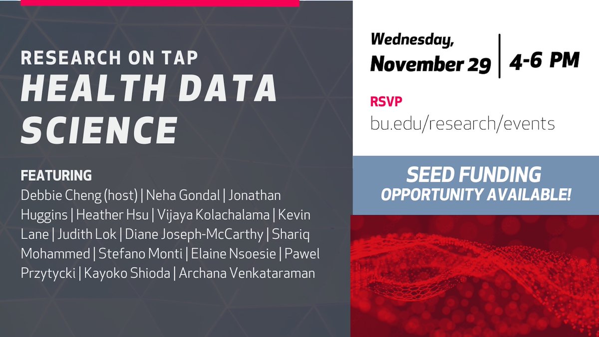 Hariri Institute for Computing, Boston University (@bu_computing) on Twitter photo Join the #ResearchOnTap conversation about Health Data Science. Hear from <a href="/BUexperts/">BU Experts</a> on how #DataScience can shape #Healthcare practices, policies and our understanding of the world.
Host: Debbie Cheng, <a href="/BUSPH/">Boston University School of Public Health</a> Population Health Data Science Program
➡️ spr.ly/6013u0Sn1 Join the #ResearchOnTap conversation about Health Data Science. Hear from <a href="/BUexperts/">BU Experts</a> on how #DataScience can shape #Healthcare practices, policies and our understanding of the world.
Host: Debbie Cheng, <a href="/BUSPH/">Boston University School of Public Health</a> Population Health Data Science Program
➡️ spr.ly/6013u0Sn1