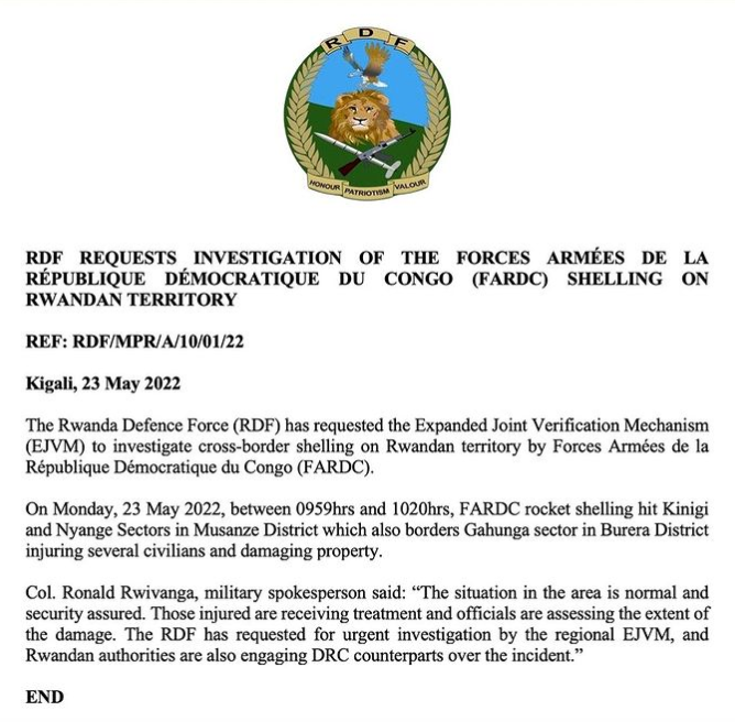 MukobwaWinfred's tweet photo. In May 2022, #FARDC forces shelled Rwanda's territory, resulting in injuries to civilians and extensive damage to property. Such unprovoked attacks make it clear that #DRC is the bully in the region playing the victim. #DRCDeflection #DRCProvocations https://t.co/zaj4PUmpQK