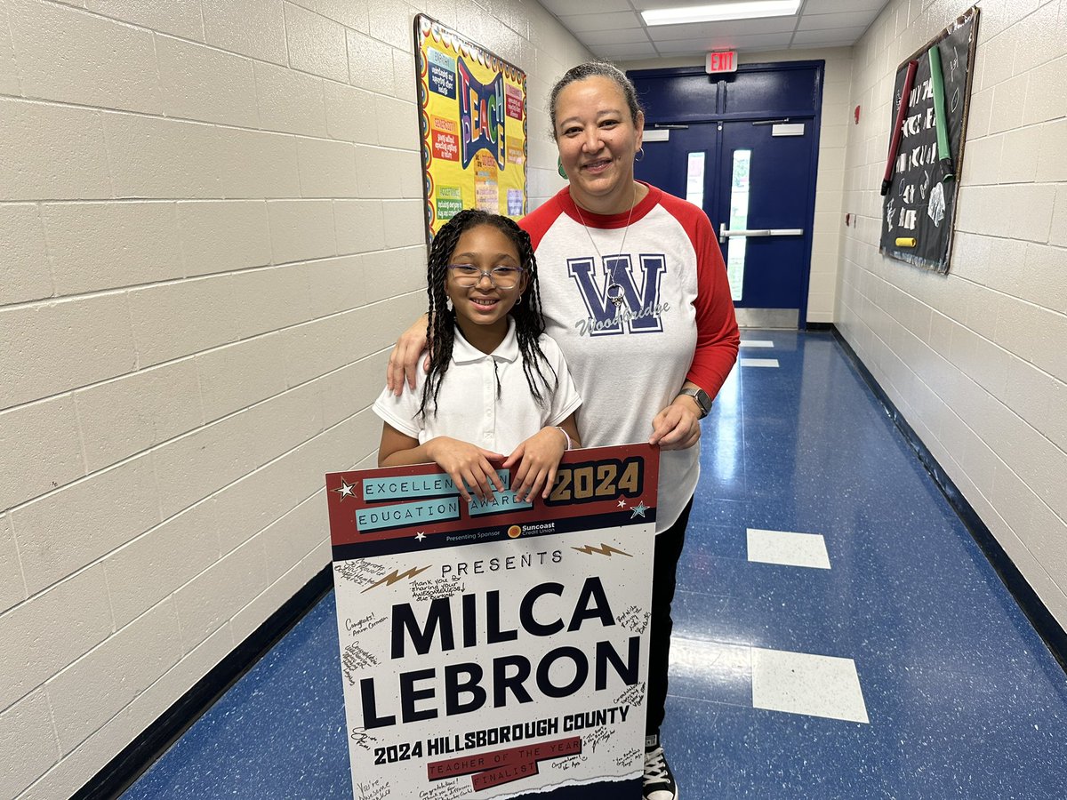 HillsboroughSch's tweet photo. Congratulations to @WoodbridgeElem 5th-grade teacher Ms. Milca Lebron! She is our second Teacher of the Year finalist. 

Her daughter Olivia, who is in the 3rd grade, was able to be by her side during this morning’s surprise. Talk about a special moment!

#EIE2024 | @Hillsedufnd https://t.co/i9ahrdopMB