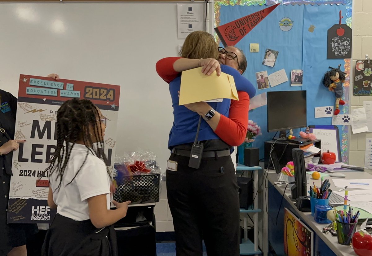 HillsboroughSch's tweet photo. Congratulations to @WoodbridgeElem 5th-grade teacher Ms. Milca Lebron! She is our second Teacher of the Year finalist. 

Her daughter Olivia, who is in the 3rd grade, was able to be by her side during this morning’s surprise. Talk about a special moment!

#EIE2024 | @Hillsedufnd https://t.co/i9ahrdopMB