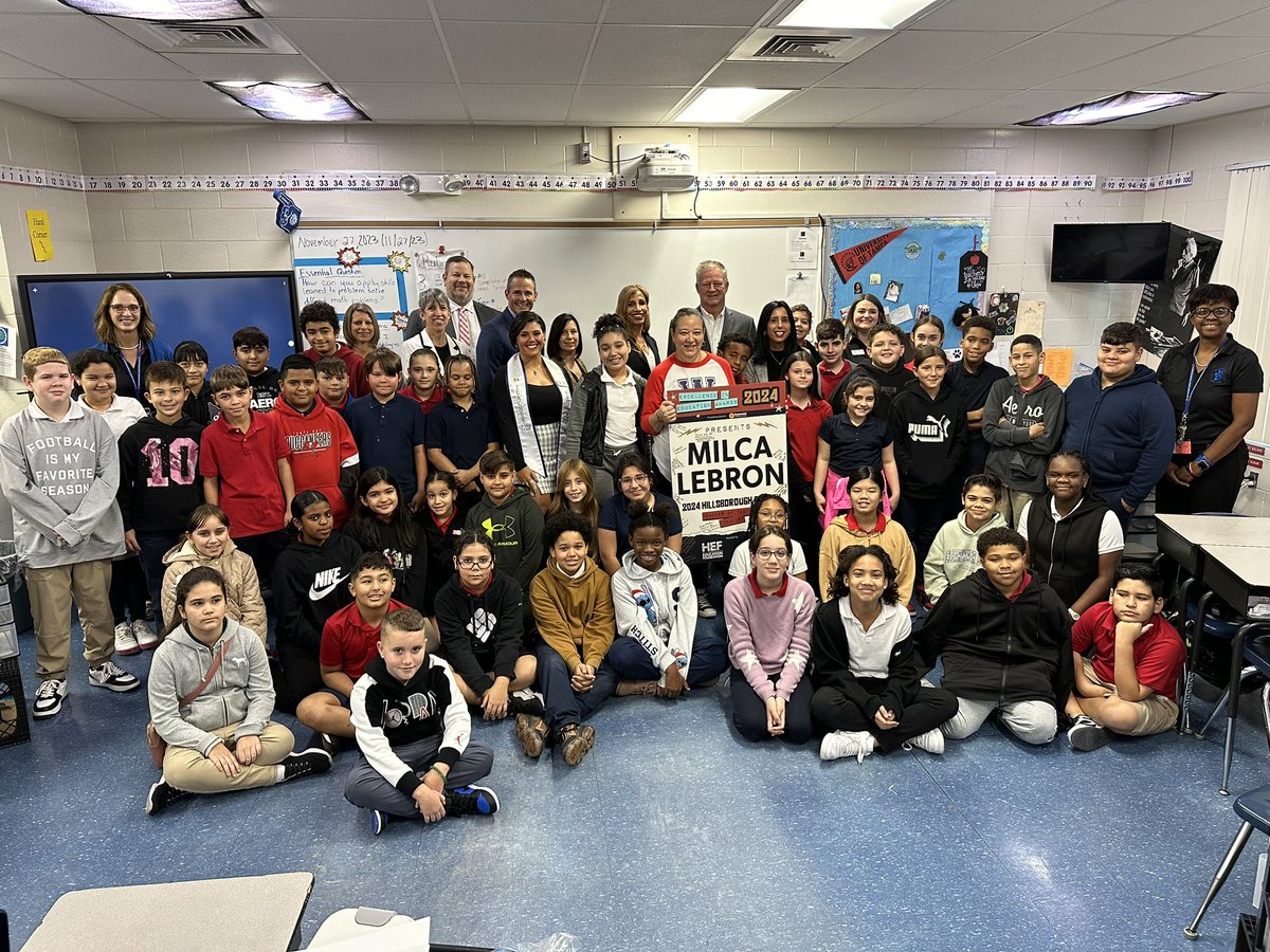 HillsboroughSch's tweet photo. Congratulations to @WoodbridgeElem 5th-grade teacher Ms. Milca Lebron! She is our second Teacher of the Year finalist. 

Her daughter Olivia, who is in the 3rd grade, was able to be by her side during this morning’s surprise. Talk about a special moment!

#EIE2024 | @Hillsedufnd https://t.co/i9ahrdopMB