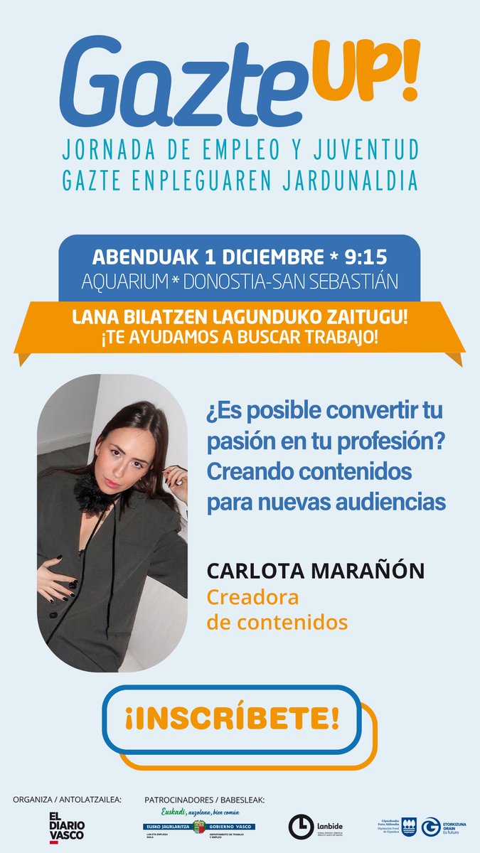 eventos_dv's tweet photo. ¿Es posible convertir tu pasión en tu profesión? Carlota Marañón nos lo contará este viernes 1 de diciembre en #GazteUp 

¡Anímate e inscríbete: https://t.co/A3UFBAgBY6

@diariovasco #empleo #juventud https://t.co/YpAkRSprx9