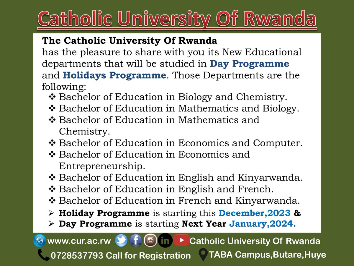 CUR_Rwanda's tweet photo. We are pleasured to share you our 8 #New_Educational_Programmes  as described further more below. Hence Apply via https://t.co/gKwOcrclvD then click #Apply_Now To start Learning during this #DecemberHolidays. We offer you #BetterEducation_PureChristianity. https://t.co/O3keKdTe5I