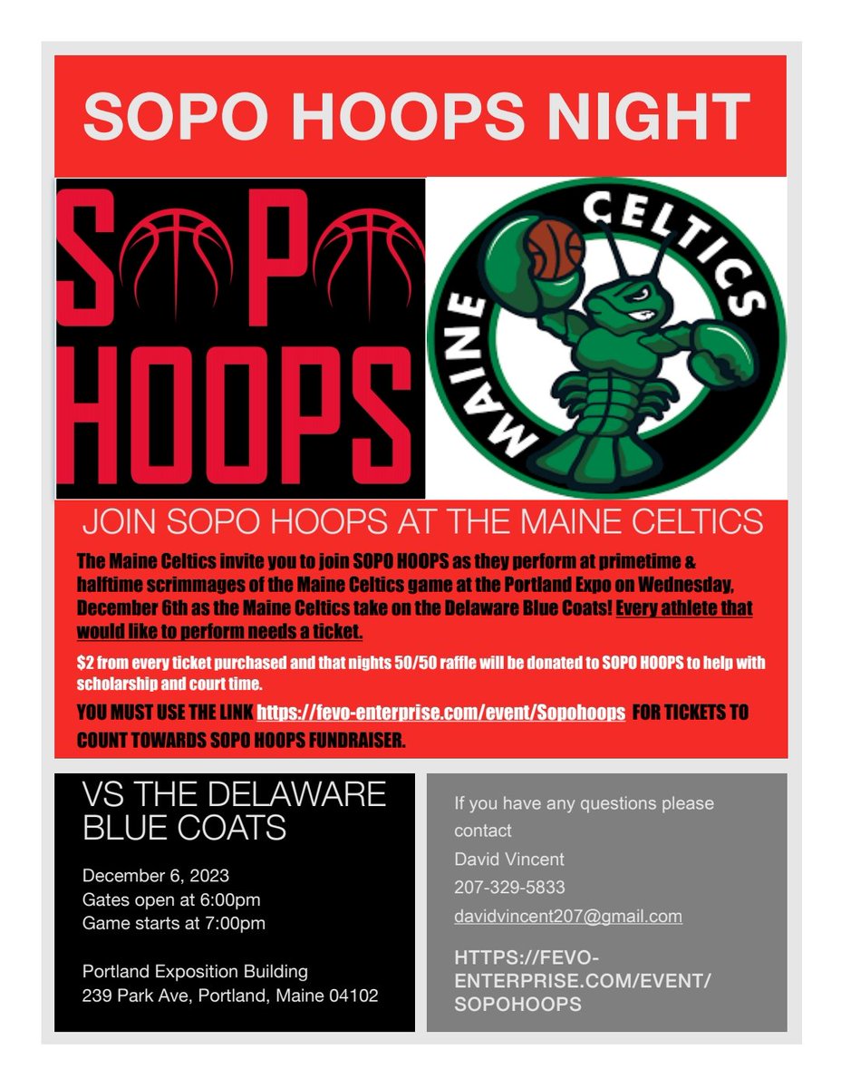 Have you purchased your tickets for SoPo Hoops night at the Maine Celtics?
Game is Wednesday, December 6th!  At the Portland Expo
Gates open at 6:00 PM. Tip off at 7 PM
Use this link to purchase tickets. 
fevo-enterprise.com/s/other/Sopoho…

Tickets are $13-$19 each
We hope to see you there!