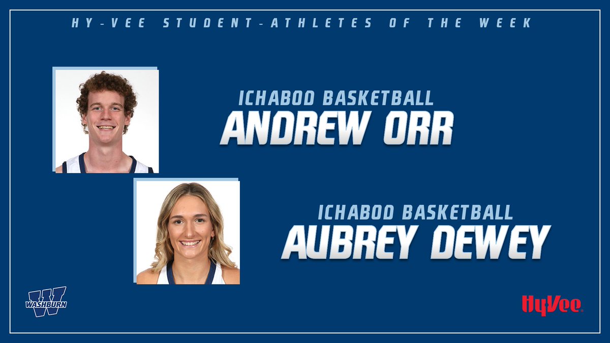 Andrew Orr (<a href="/IchabodMBB/">Washburn MBB</a>) and Aubrey Dewey (<a href="/IchabodWBB/">Washburn WBB</a>) named Hy-Vee Student Athletes of the Week #GoBods 
wusports.com/news/2023/11/2…