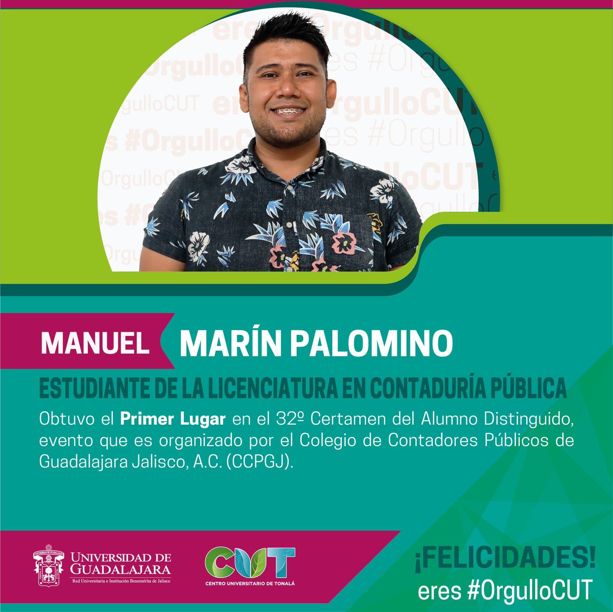 Cutonala_udg's tweet photo. El estudiante Manuel Marín obtuvo el primer lugar en el 32º Certamen del Alumno Distinguido, evento que es organizado por el Colegio de Contadores Públicos de Guadalajara Jalisco, A.C.
¡Muchas felicidades! 🎉 🤩
Tu eres #OrgulloCUT https://t.co/uxs6WiWZW8