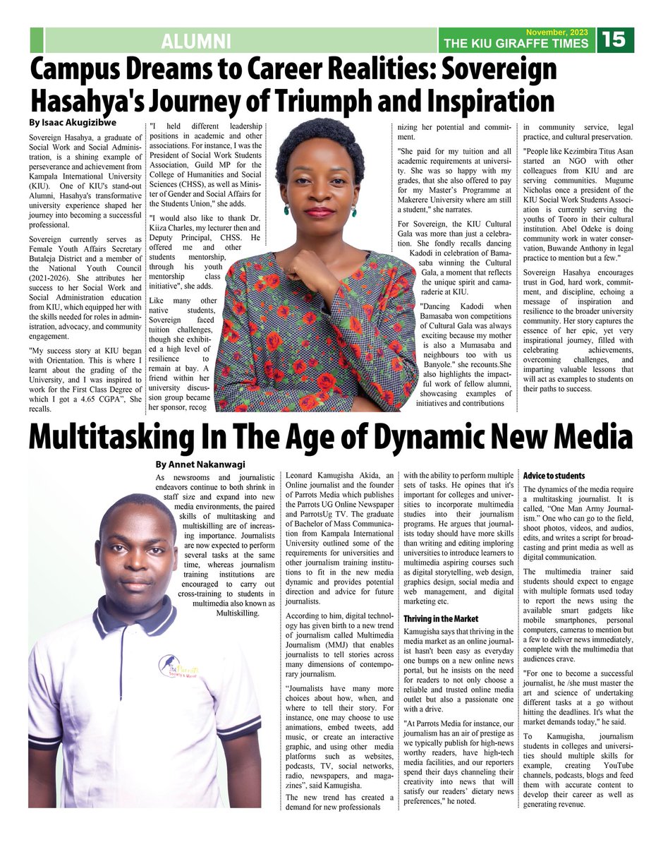 parrotsug's tweet photo. ��𝒏 𝒑𝒂𝒈𝒆 15 𝒐𝒇 𝑻𝒉𝒆 @kiuvarsity 𝑮𝒊𝒓𝒂𝒇𝒇𝒆 𝑻𝒊𝒎𝒆𝒔, @akida_leonard, founder @parrotsug 𝒔𝒑𝒆𝒂𝒌𝒔: 𝑴𝒖𝒍𝒕𝒊𝒕𝒂𝒔𝒌𝒊𝒏𝒈 𝒊𝒏 𝒕𝒉𝒆 𝒂𝒈𝒆 𝒐𝒇 𝒅𝒚𝒏𝒂𝒎𝒊𝒄 𝒏𝒆𝒘 𝒎𝒆𝒅𝒊𝒂.
#KIU28thGrad
Story By: @freelady_anna - Our Own Reporter.
@sovereigner1 https://t.co/lBymBnMip2