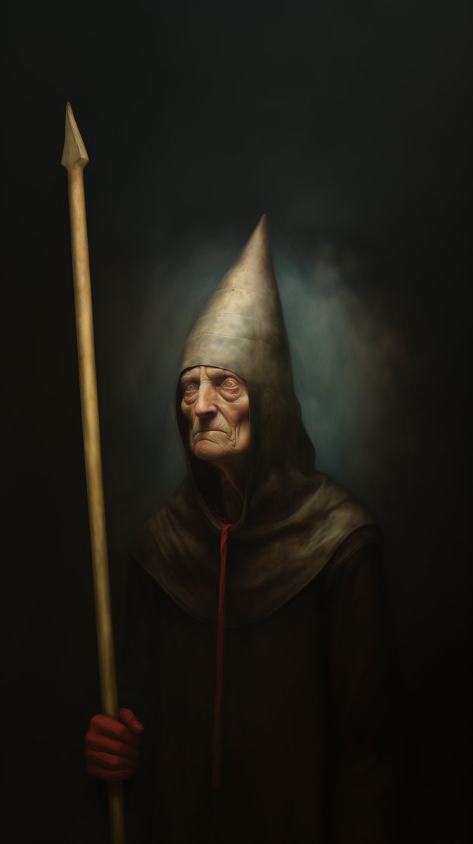 tried in this work to depict a figure who seems to be a mixture of medieval and fantasy elements.  His face is covered with deep wrinkles, indicating age and a life of contemplation or worry.  A tall, pointed hood obscures his features, but his gaze is piercing and direct. #NFT