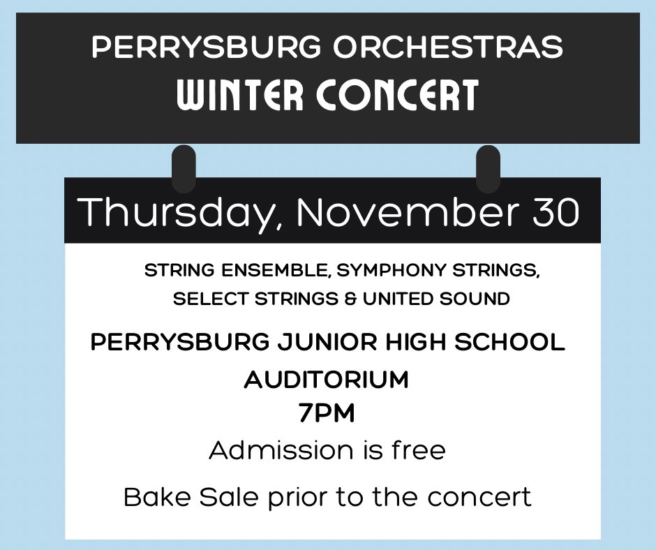 🎶CONCERT WEEK🎶

Perrysburg High School Symphony Strings, Select Strings and the Junior High String Ensemble will have a combined winter concert this Thursday, November 30 at the Junior High! This concert will also debut this years high school United Sound chapter❄️