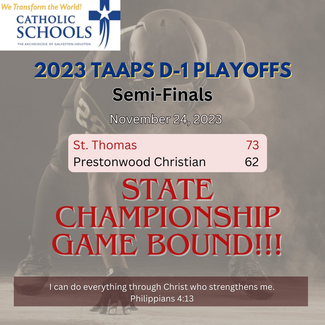 The St. Thomas High School Eagles will play for the TAAPS D-1 State Championship December 1 against the Parish Episcopal Panthers.
Game Location: 
Waco ISD Athletic Complex
1401 S New Rd, Waco, TX 76711

GO EAGLES!!!!