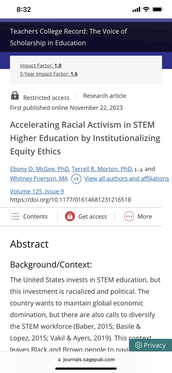 🚨New Pub Alert! I am excited to share “Accelerating #RacialActivism in #STEM #HigherEd by Institutionalizing #EquityEthics” Co-authored with @RelationshipGAP @DevinTWhite and #WhitneyFrierson Link: journals.sagepub.com/doi/10.1177/01… 📔: @TCRecord