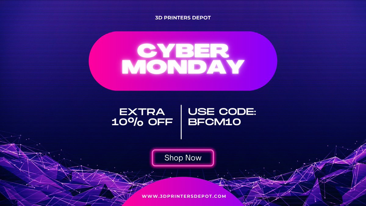 3dprintersdepot's tweet photo. This #CyberMonday, get techy with it! 🎉 Grab an automatic extra 10% off on select 3D printers, scanners, and more at #3DPrintersDepot. Add to cart and save instantly with code BFCM10. #TechSavings #3DPrintLove #CyberDiscounts https://t.co/bsZlPurLJw