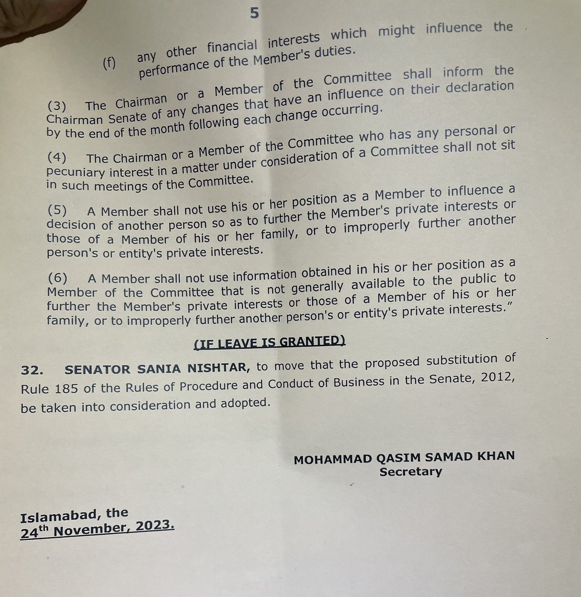 SaniaNishtar's tweet photo. Dark day in the history of @SenatePakistan: 
My proposed amendment to the Senate Rule #185 pertaining to conflict of interest safeguards, and aimed at institutionalising conflict of interest disclosure with a view to promoting public interest, transparency and good governance was vehemently opposed by the House. I am deeply disappointed.