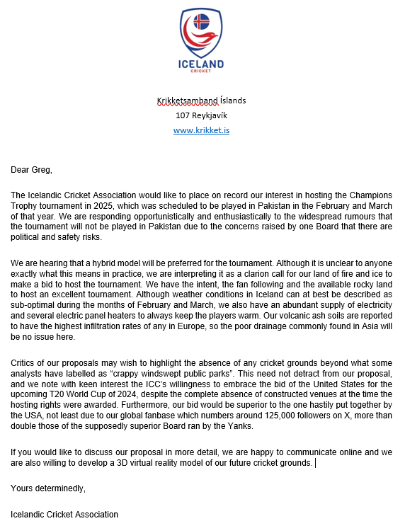 We are not people who hold back. We have today issued our bid to host the Champions Trophy of 2025, and we look forward to hearing what Greg Barclay of @ICC has to say about it.