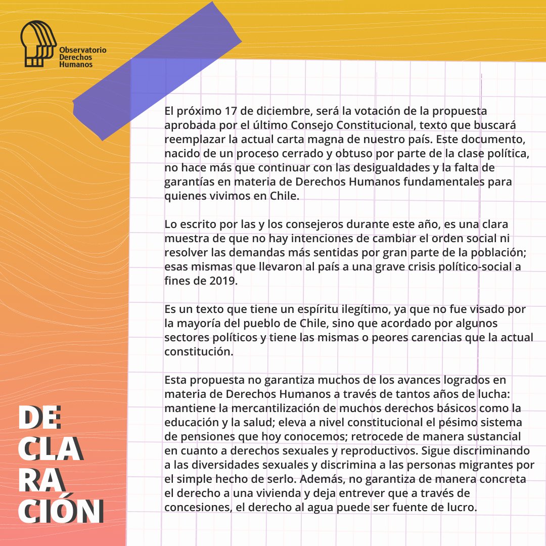 odhchile's tweet photo. Como observatorio no estamos exentos de lo que significa este nuevo proceso constituyente y el mal texto que que ha generado. Es por esto que queremos dejar en claro las razones del porqué hacemos un llamado a votar EN CONTRA este próximo domingo 17 de diciembre.

#nohayderechos https://t.co/qHHM6Dqhkc