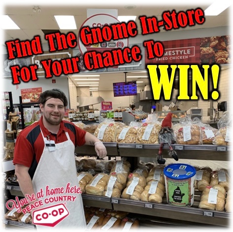 🎶 GNOMES JUST WANNA HAVE BUNS 🍞
Your Chance To WIN…
$1500 Participanting Business Shopping Spree
$50 Co-op Gift Card 
Gnome Alone: On Now - December 8.
Find the Gnome in the Peace River and Grimshaw Stores and Enter!!!
