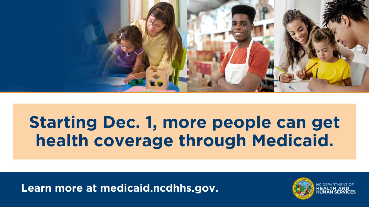 North Carolina will soon provide coverage to more people through Medicaid. You may be able to get Medicaid even if you did not qualify before. 
➡️Go to medicaid.ncdhhs.gov/expansion to learn more.
#NCMedicaid