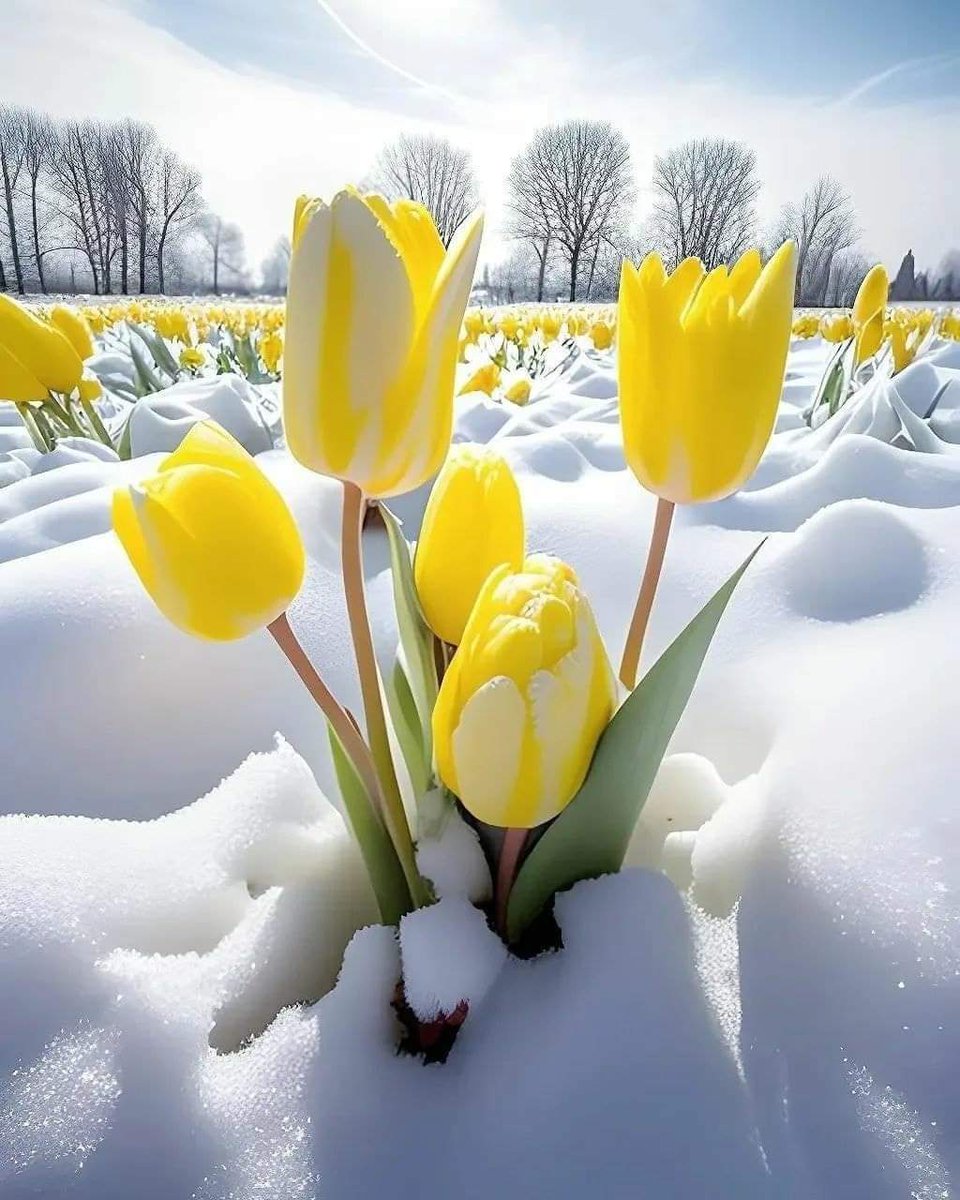 Tulipanes en la nieve. La vida siempre sale adelante.