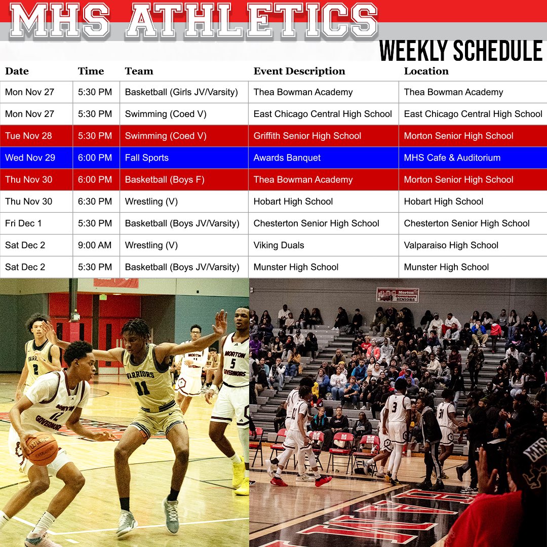 MHS Athletics schedule this week. #VamosGovs 🎩🏀🏊🏽🤼 <a href="/MortonHighGovs/">Morton High School</a> <a href="/SCHK12/">School City of Hammond</a> <a href="/Morton_Hoops/">Morton Basketball</a> <a href="/mortonladygovs/">MortonLadyGovsbball</a>